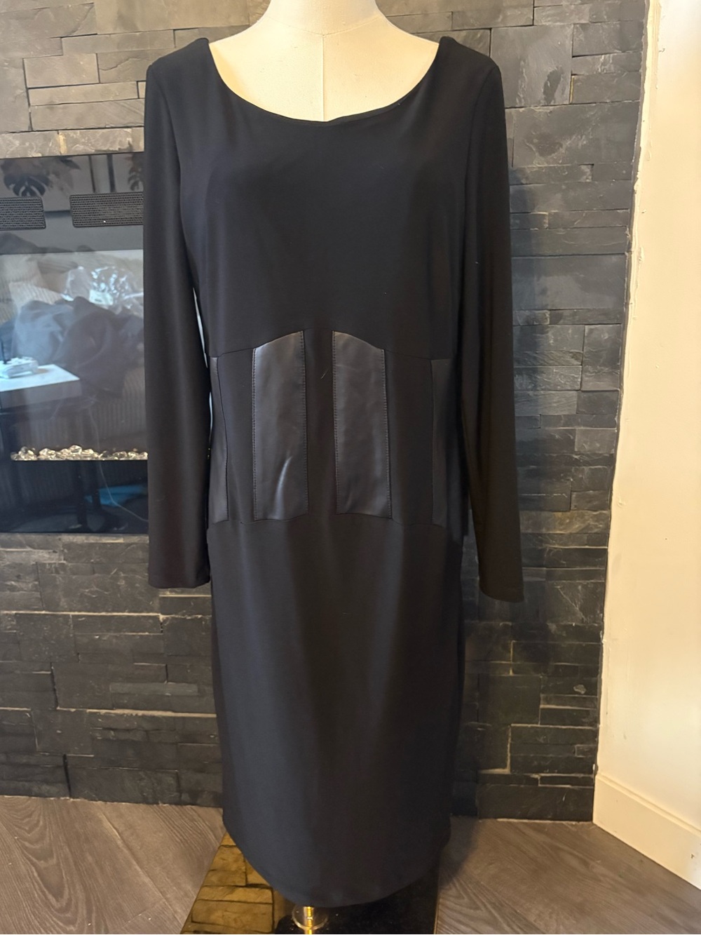 Frank Lyman Design Black Long-Sleeve  Dress with Faux-Leather Waist Panels